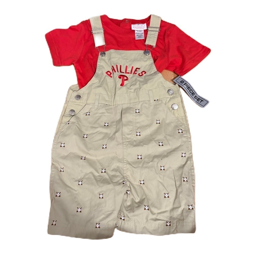 Philadelphia Phillies Kids Shortalls Overalls Set - Red and Tan NEW Sz 4T